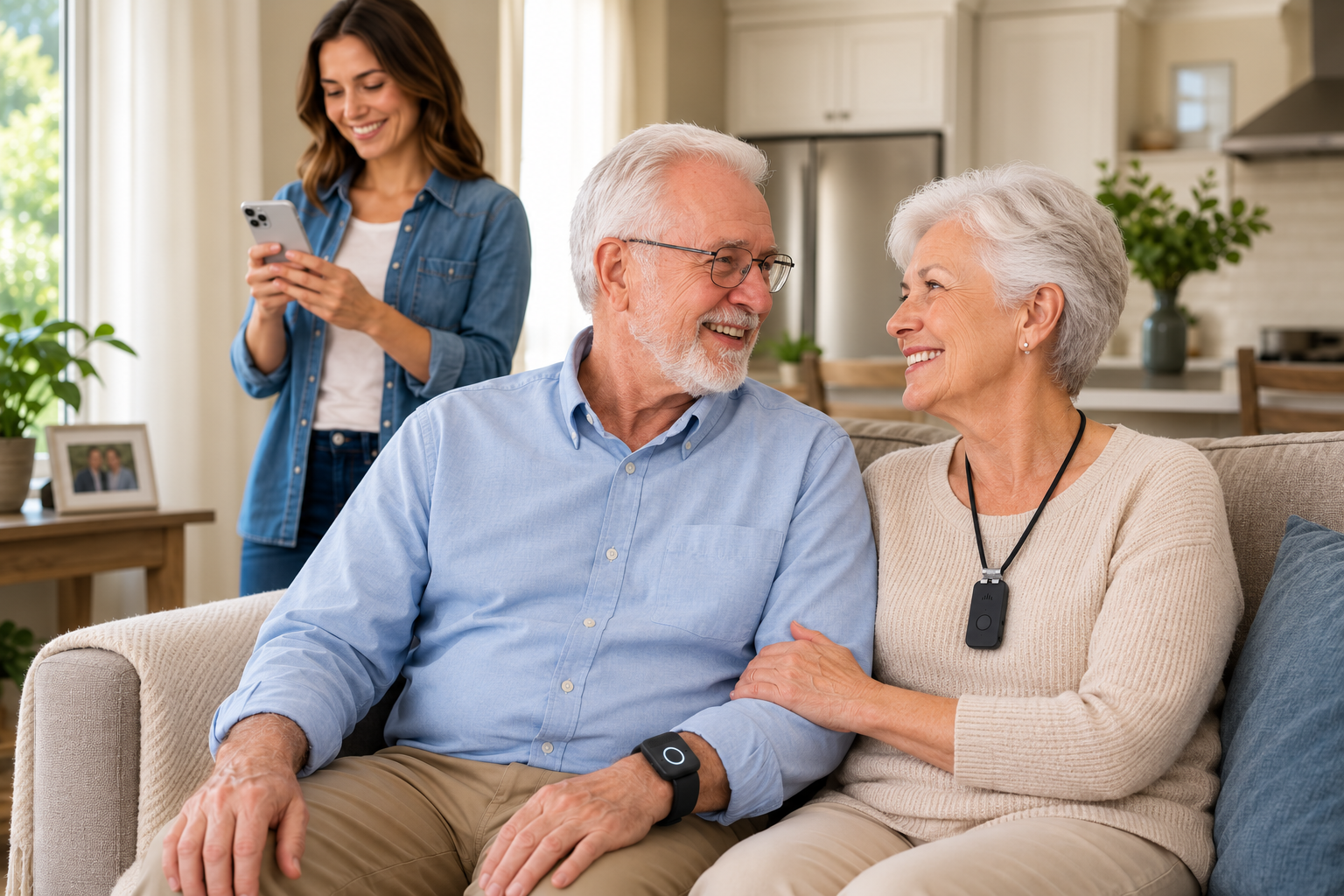 A daughter and her parents relaxing at home, the father wearing a Medical Life Club alert pendant