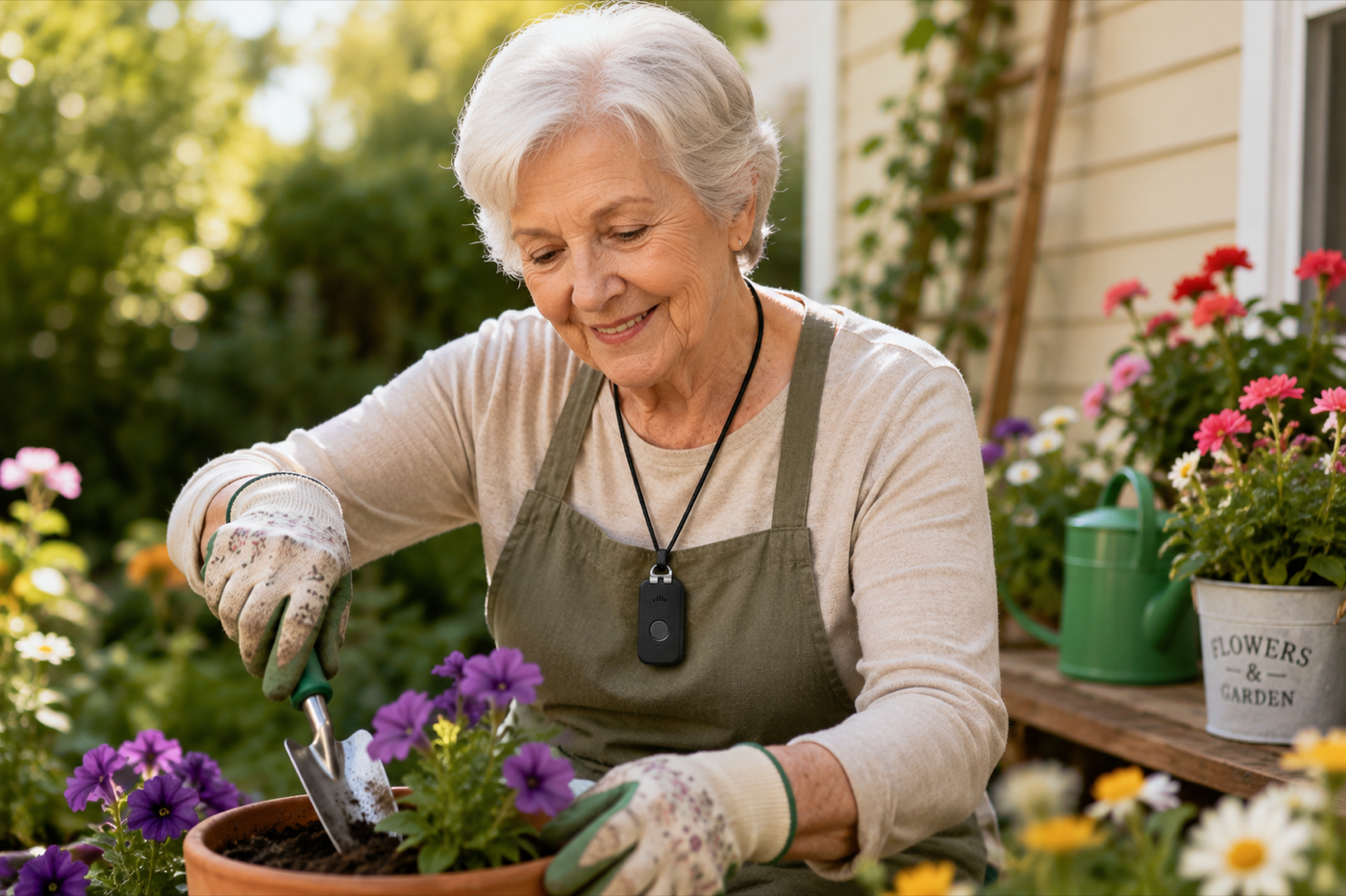 An older woman gardening while wearing her DDD Medical Alert Pendant
