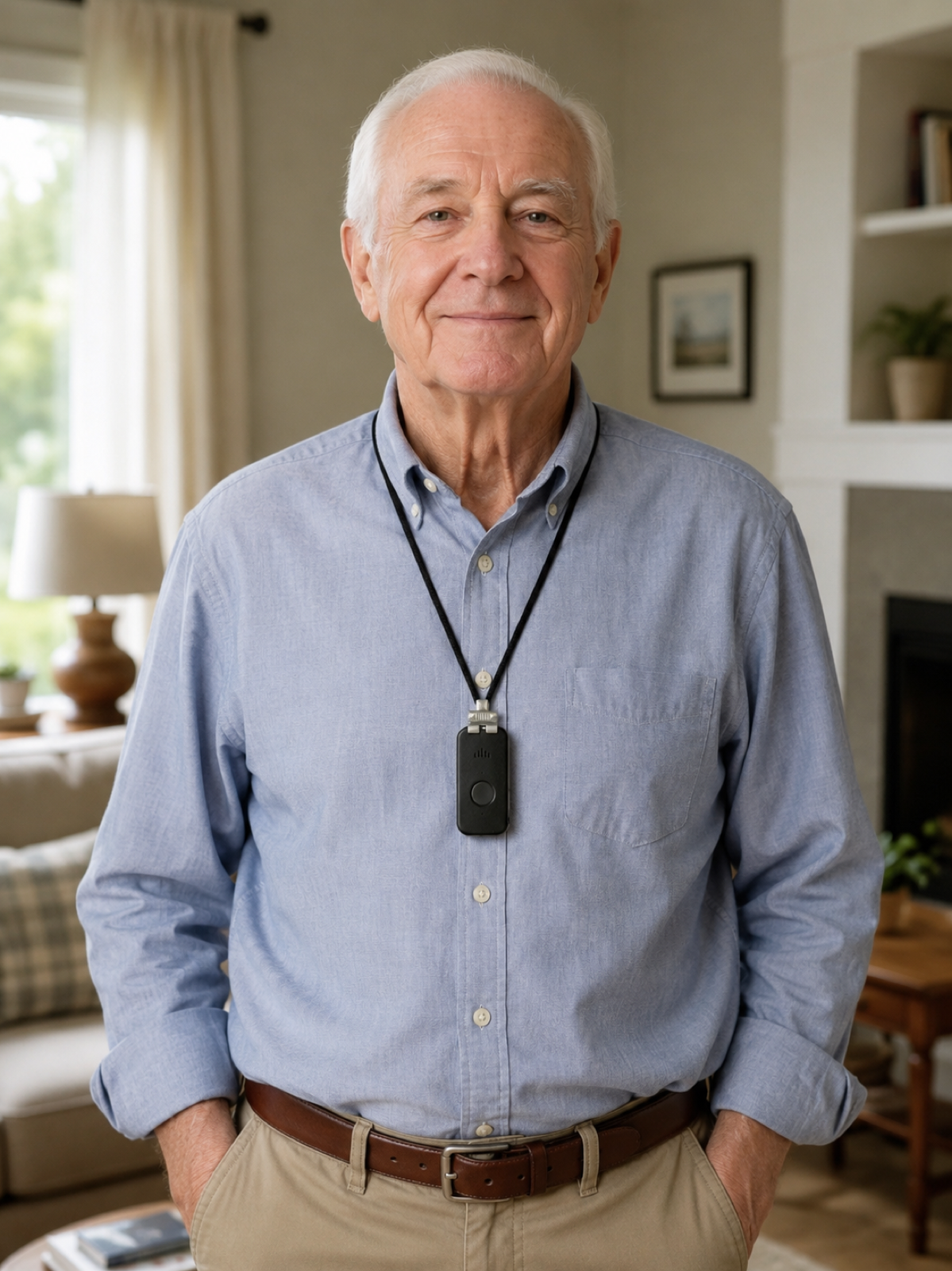 A man at home wearing his DDD Medical Alert Pendant on a lanyard