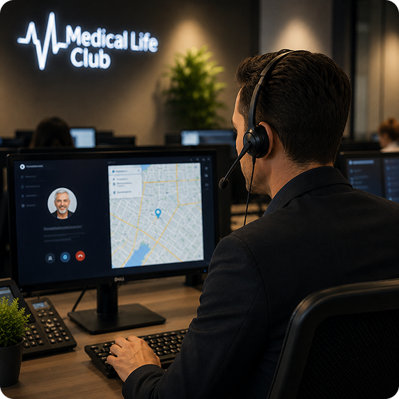 A senior speaking with a live emergency operator