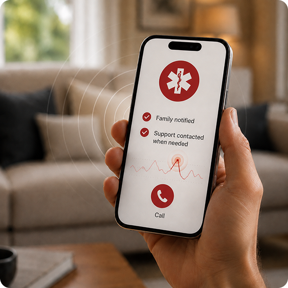 A phone showing family and emergency services being alerted