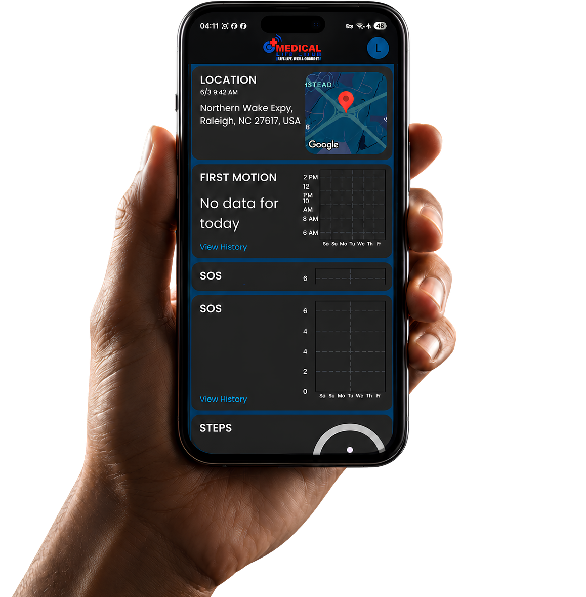 The Medical Life Club caregiver app showing location, motion and SOS activity on a phone held in a hand